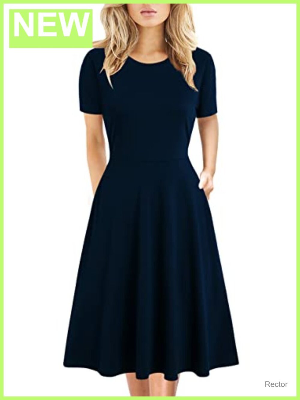 Women's Knee Length A-Line Swing Dress with Pockets Short Sleeve Casual Work